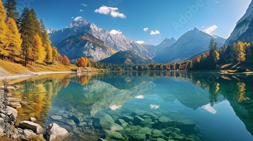 Autumn scene of hintersee lake. Autumn background at the lake.