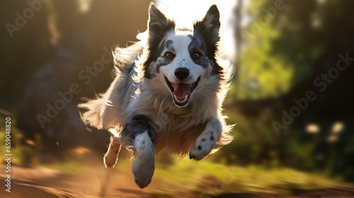 This lively and cheerful dog, captured in mid-motion, exudes pure happiness as it runs playfully outdoors, embodying the spirit of boundless joy and vitality