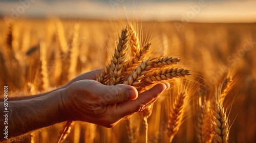 Golden Wheat Grains in Farmer's Hands. This image captures the essence of the harvest season, showcasing sustainable farming practices and the hard work of an agricultural worker in a rural field © ZEKINDIGITAL