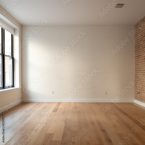 An empty white room with a wooden floor and 