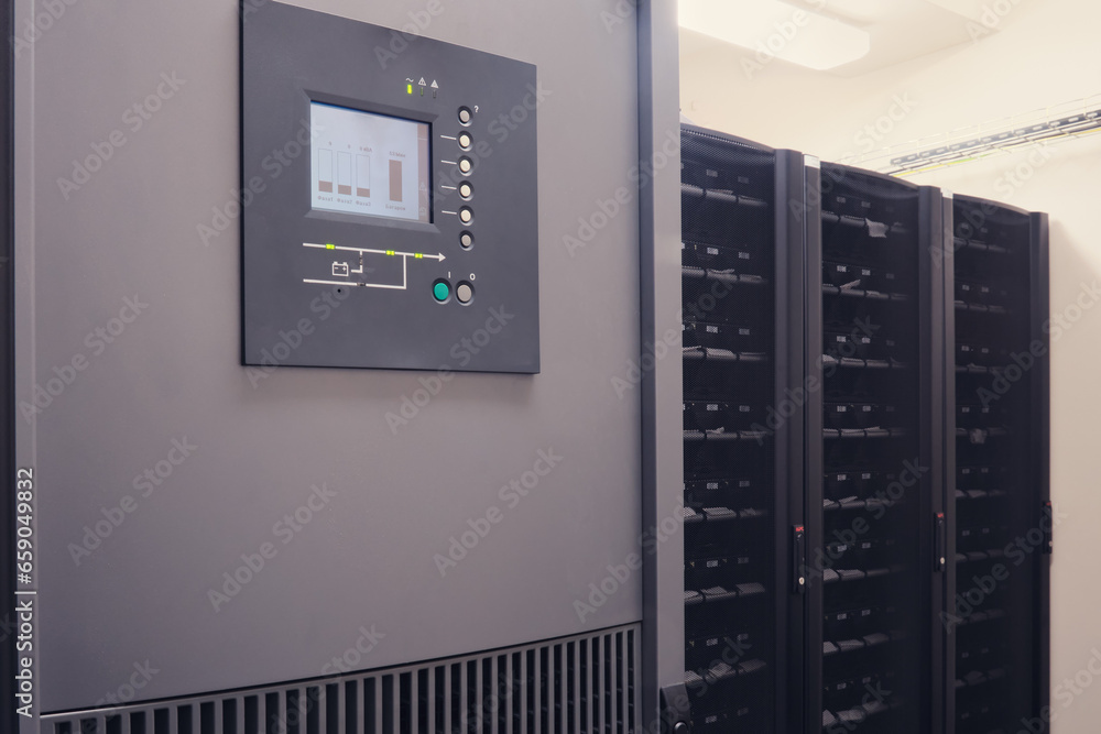 In the server room, the UPS battery is connected to an emergency power supply system In the server room, the UPS battery is connected to an emergency power supply system