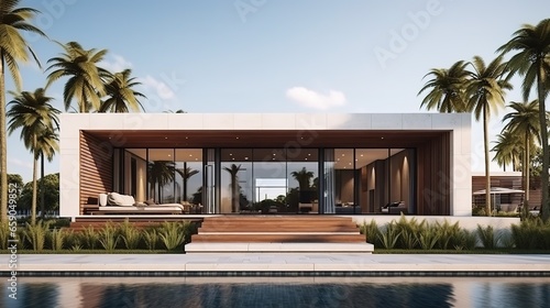 Exterior of amazing modern minimalist cubic villa with large swimming pool among palm trees © LELISAT