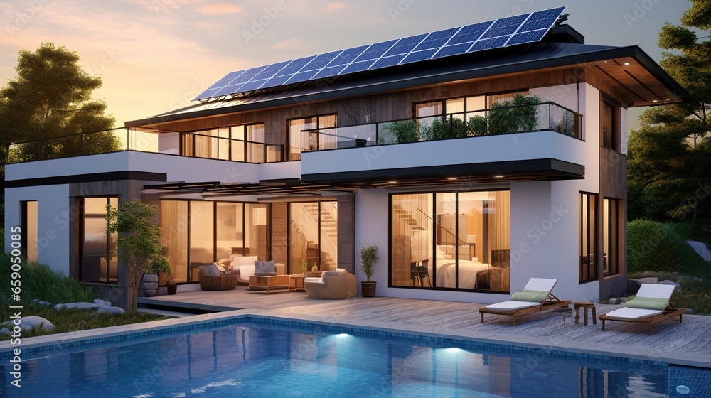Fototapeta premium Exterior of beautiful modern house with solar panels on roof. Luxury villa with terrace and swimming pool