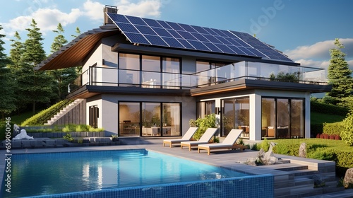 Exterior of beautiful modern house with solar panels on roof. Luxury villa with terrace and swimming pool © LELISAT