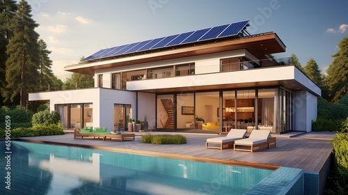 Exterior of beautiful modern house with solar panels on roof. Luxury villa with terrace and swimming pool © LELISAT