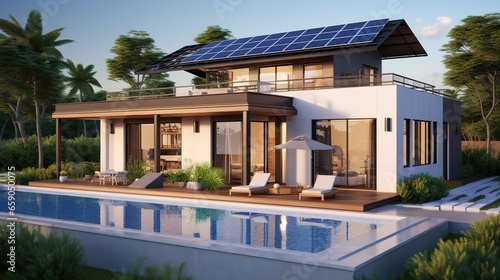 Exterior of beautiful modern house with solar panels on roof. Luxury villa with terrace and swimming pool