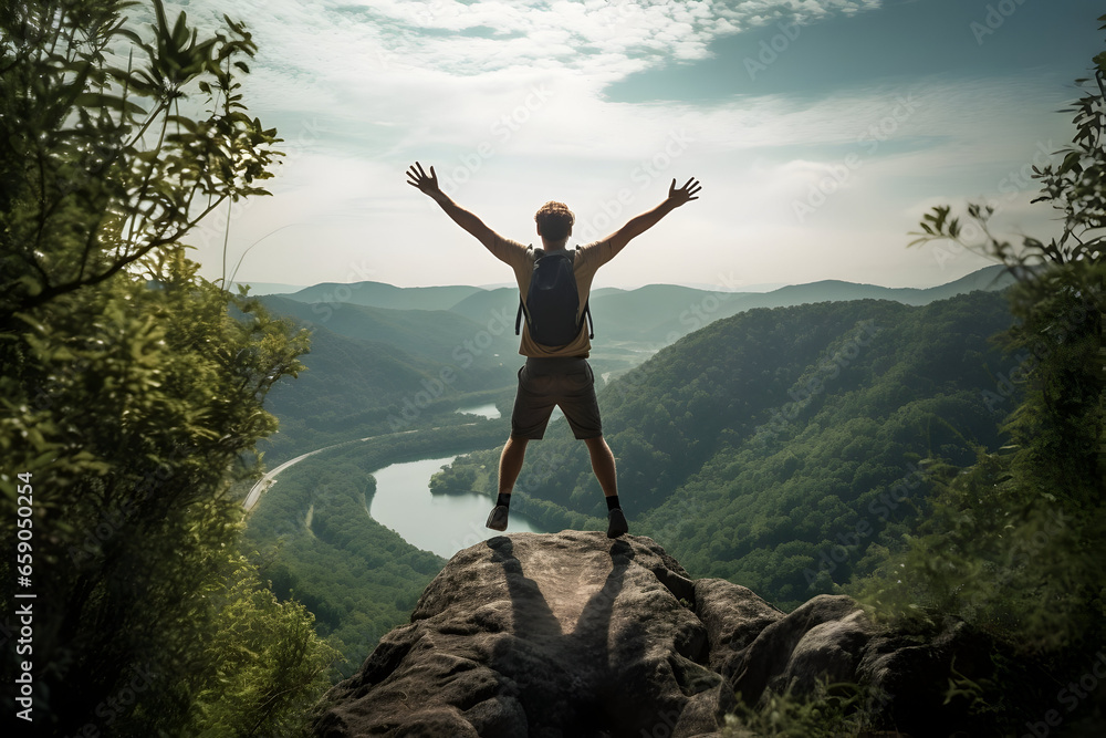 A Joyful Hiker with Arms Raised, Leaping atop a Mountain Peak Celebrating Success on the Cliff. A Lifestyle Concept Depicting a Young Male Adventurer Conquering the Forest Pathway