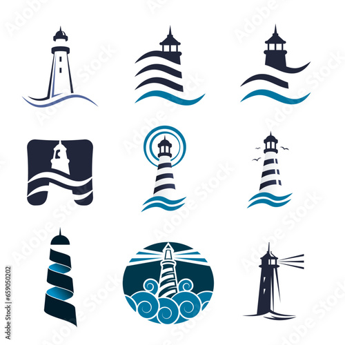 Pier Lighthouse vector icon set