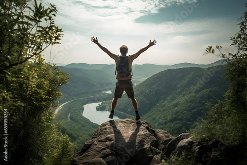 A Joyful Hiker with Arms Raised  Leaping atop a Mountain Peak Celebrating Success on the Cliff. A Lifestyle Concept Depicting a Young Male Adventurer Conquering the Forest Pathway