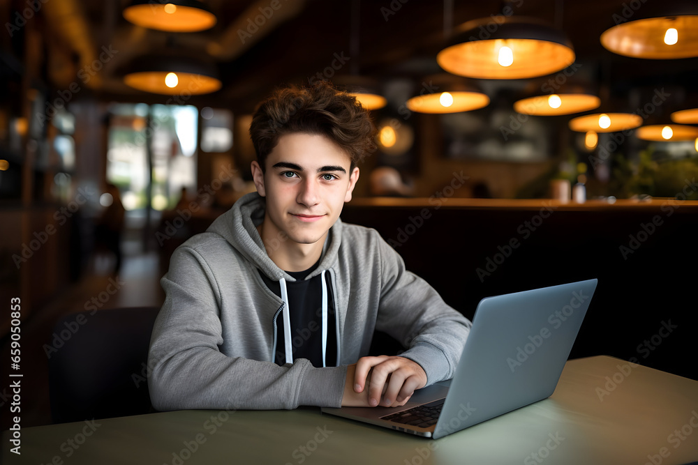 A Young Man, Be it a Freelancer or a Student, Concentrating on His Laptop at a Cafe Table, Gazing into the Camera with Determination A Young Man, Be it a Freelancer or a Student, Concentrating on His Laptop at a Cafe Table, Gazing into the Camera with Determination