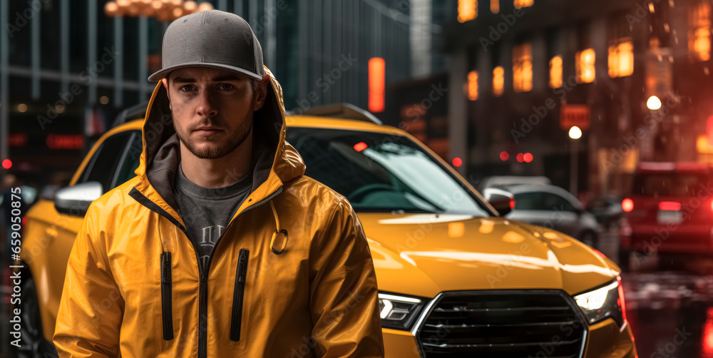 Handsome young man in a yellow raincoat and cap is standing in the city at night. Generative AI Handsome young man in a yellow raincoat and cap is standing in the city at night. Generative AI