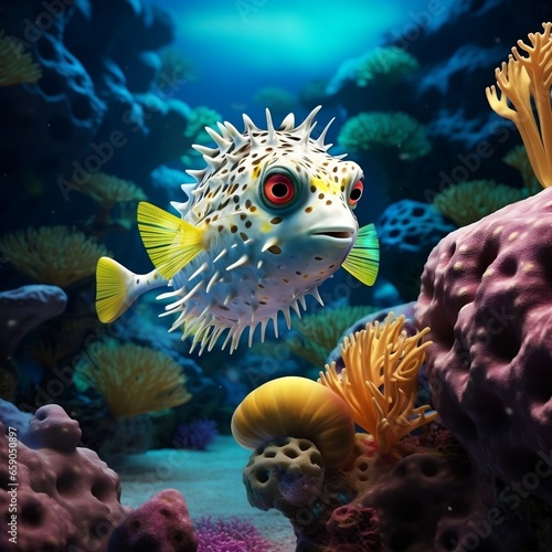 Animals of the underwater sea world. Ecosystem. Colorful tropical puffer fish. Life in the coral reef