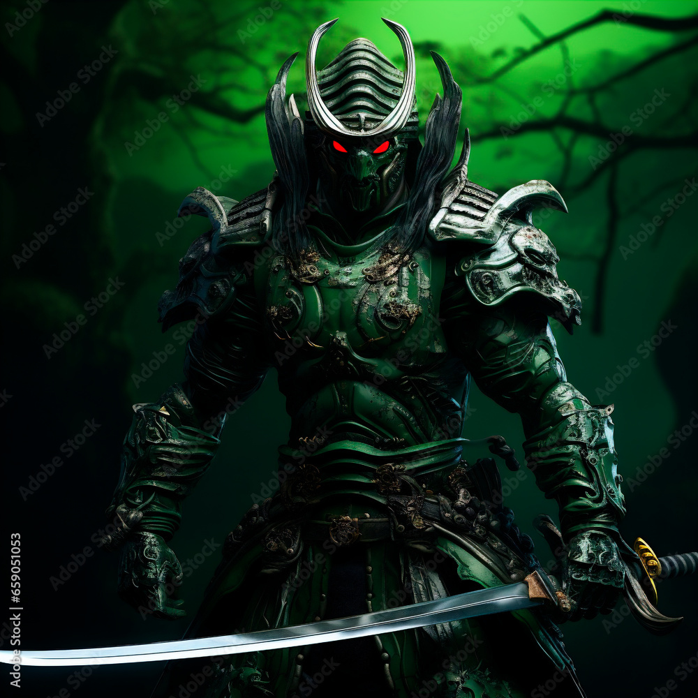Fototapeta premium Fantasy knight with sword in green armor on a dark background