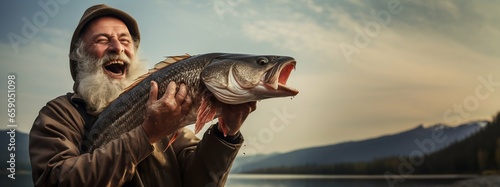 Fisherman Proudly Showcasing His Catch from a Vast Lake. Generative ai