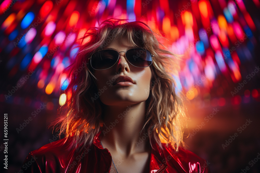 Blond woman in trendy sunglasses illuminated by red and blue Blond woman in trendy sunglasses illuminated by red and blue