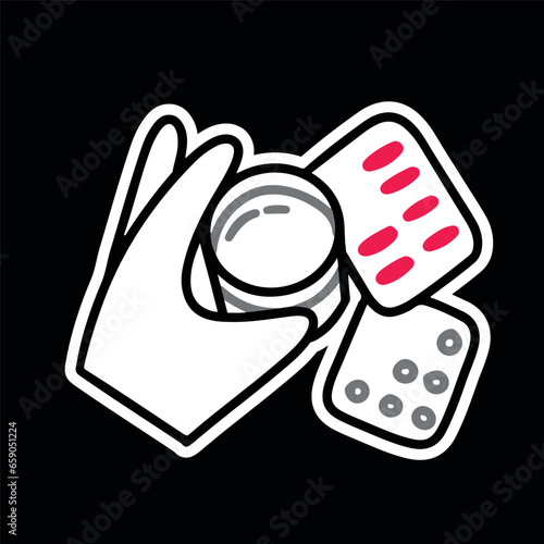 Vector sticker of a hand holding a glass of water, washing down pills and medicines, Clusters of pills and capsules on the table, treatment of illness, flu, colds, cough. Vitamins. Simple outline