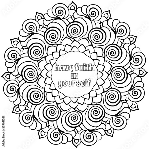 Mandala with phrase Fight for yourself in the center, meditative coloring page for creativity