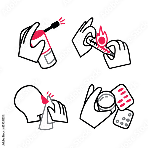 Vector set of icons about illnesses and colds, spray for a sore throat, thermometer with a high temperature, pills and a glass of water, a sick person sneezes or coughs. Simple blow cartoon outline