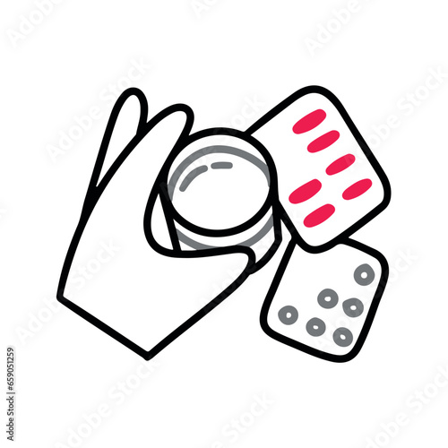 A hand holds a glass of water to wash down the medicine. Clusters with pills on the table. Disease treatment, prevention, vitamins. Cold, flu, illness. Simple vector doodle style outline, illustration
