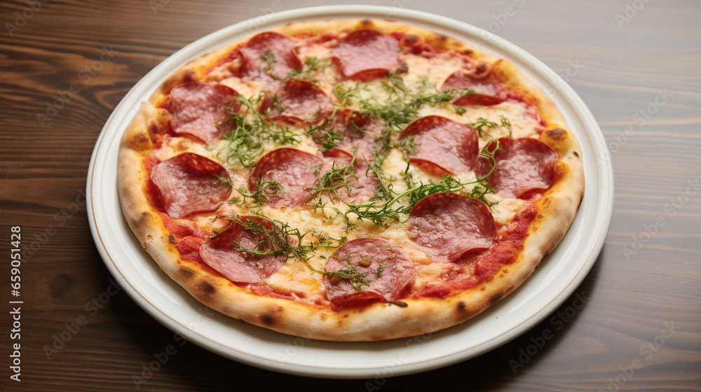 pizza with salami on a white plate
