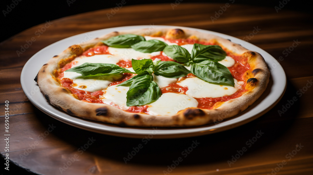 pizza margherita with mozarella cheese and basil on a plate pizza margherita with mozarella cheese and basil on a plate