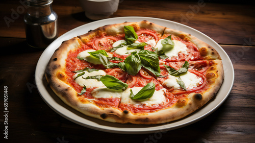 pizza margherita with mozarella cheese and basil on a plate