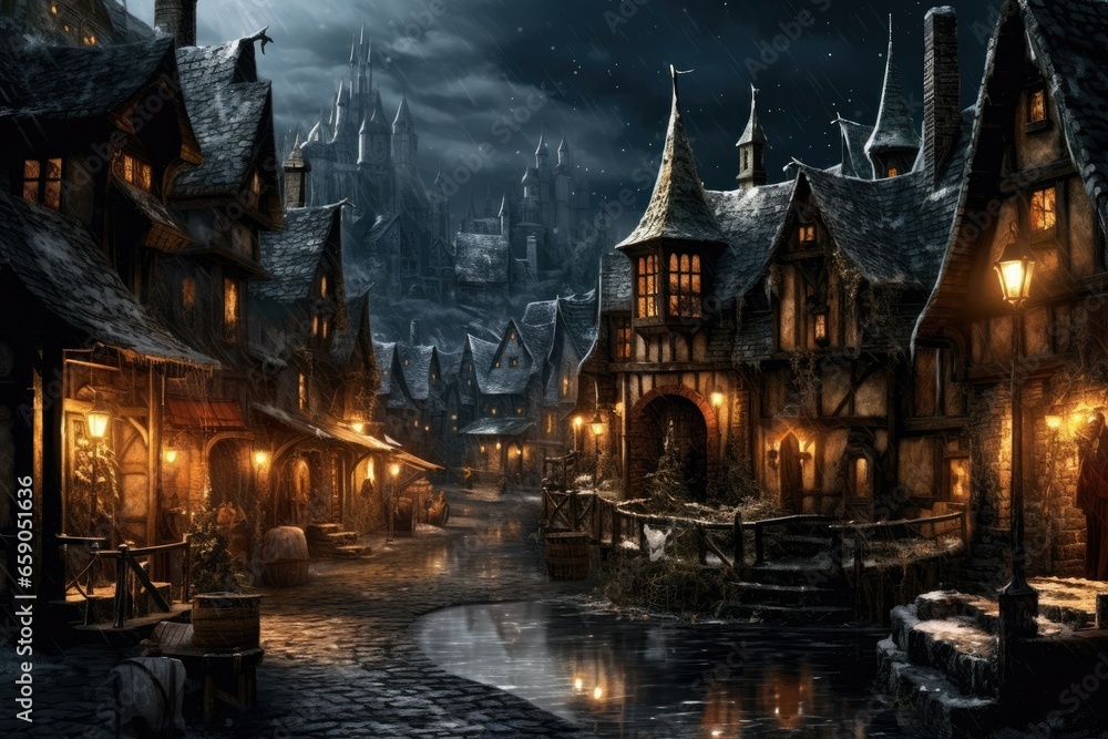 Medieval fantasy town at night.