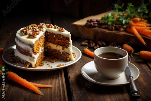 A slice of carrot cake with a tall glass of milk on a wooden table