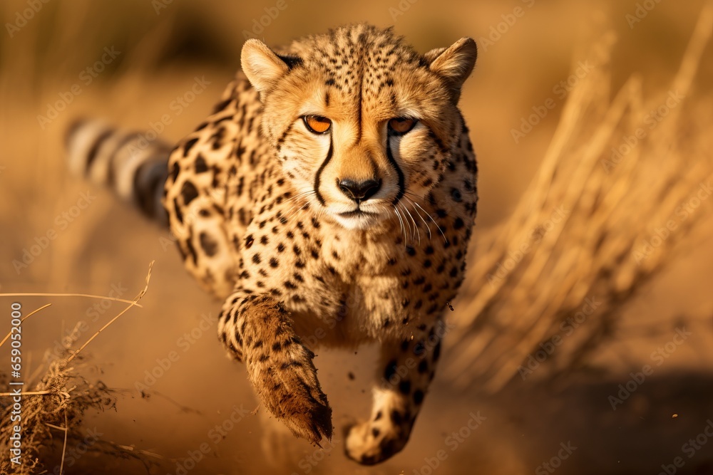 Naklejka premium a guepard running really fast towards the camera in the african grasslands