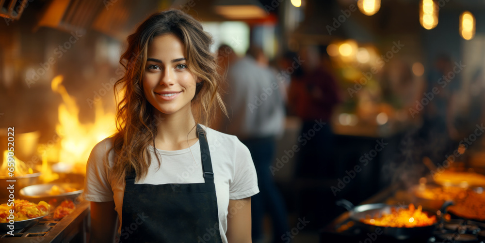 Portrait of a young woman working in a restaurant kitchen, she is smiling. Generative AI