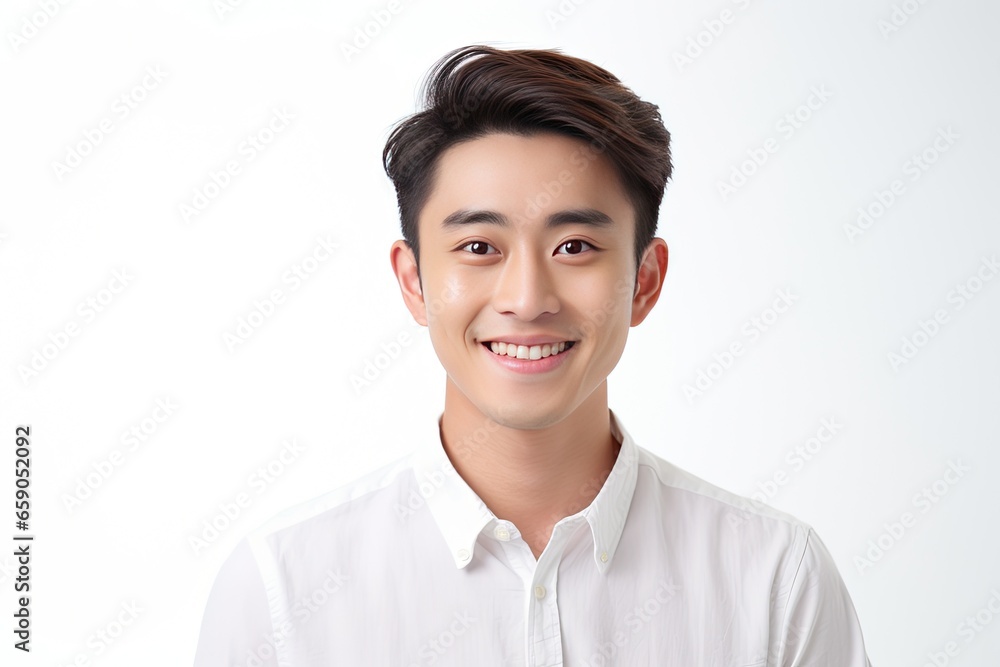 Radiant and cheerful Asian young man showcasing a warm smile against a clean, white background Radiant and cheerful Asian young man showcasing a warm smile against a clean, white background