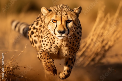 a guepard running really fast towards the camera in the african grasslands