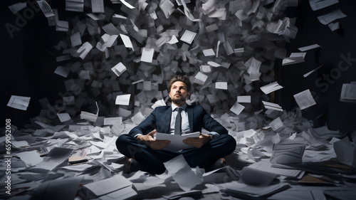 Stressed Businessman Drowning in Paperwork Chaos at Office