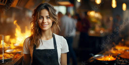 Portrait of a young woman working in a restaurant kitchen, she is smiling. Generative AI