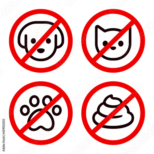 No pets allowed icon set. Cat and dog face icon in crossed red circle, animal paw print, dog poop.