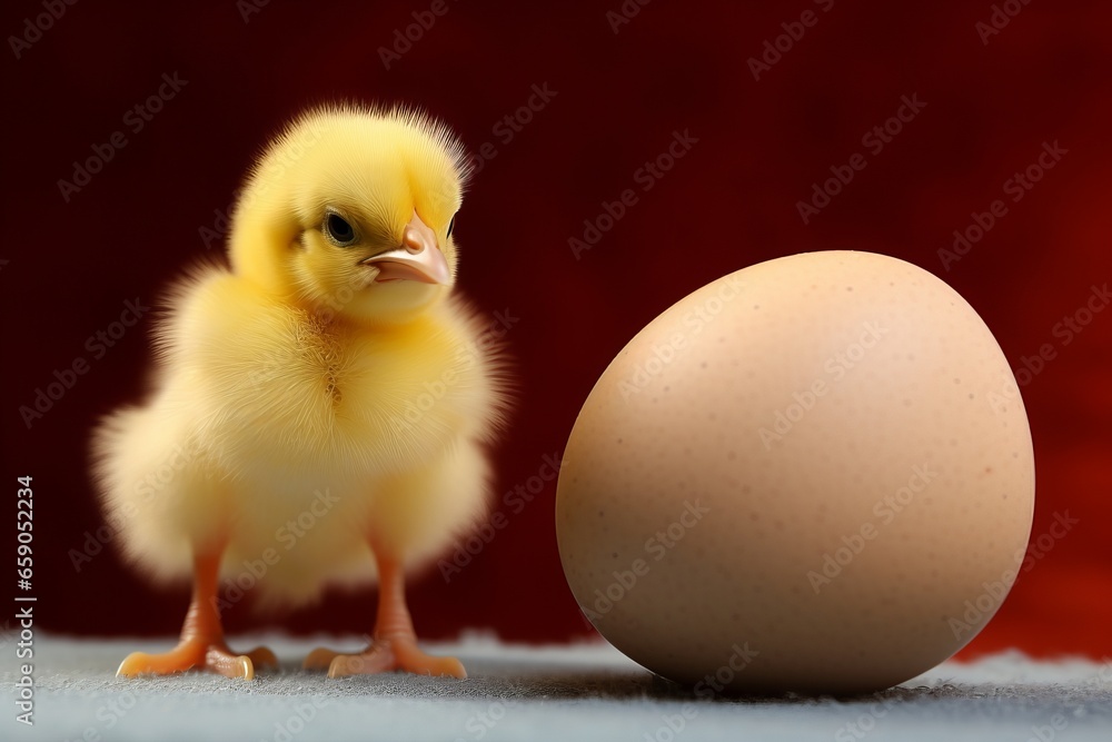 small yellow furry chick next to a chicken egg in black background