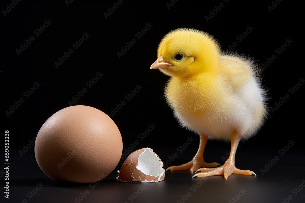 small yellow furry chick next to a chicken egg in black background