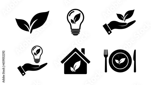 Vegan icon set with eco concepts. Vegan food, eco light bulb in hand symbols in flat style. Abstract eco house icon. Vector illustration for graphic design, Web, UI, mobile app