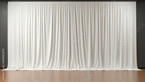 luxury white curtain backdrop with wooden floor and black wall background, white and lighten color	