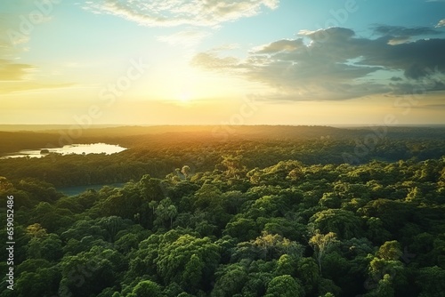 aerial view of a sinuous long river in a green forest at sunse © urdialex