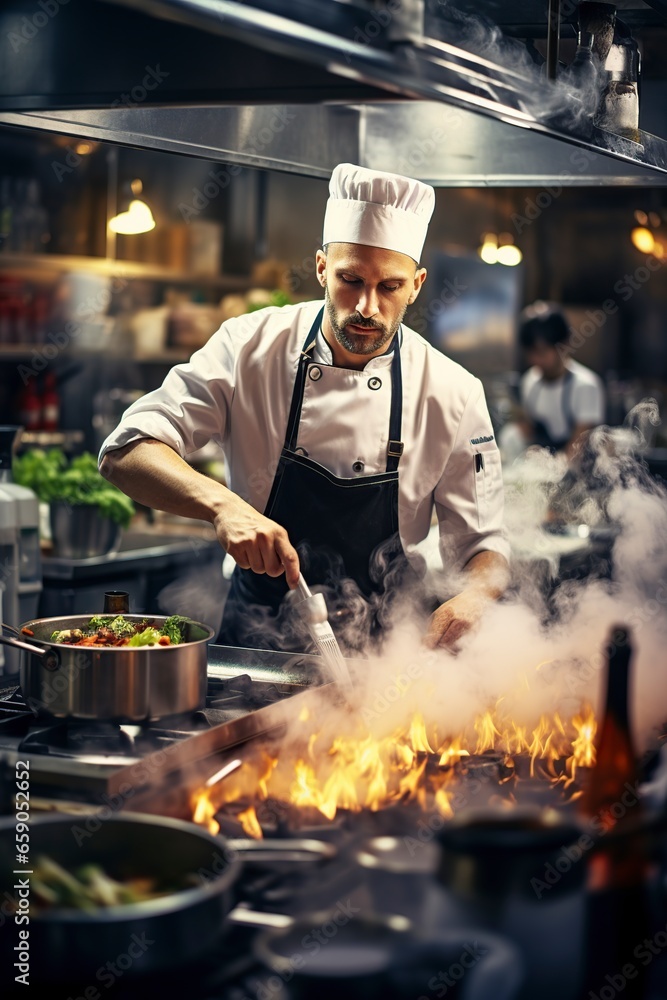 famous chef works in the kitchen of a large restaurant famous chef works in the kitchen of a large restaurant
