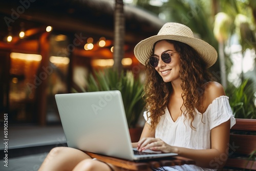 a young digital nomad woman with a hat working with her laptop in a bar