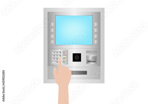 Hand Typing PIN code or Password on ATM Keypad to Withdraw Money from ATM- Automated Teller Machine. Paying and Withdrawing Money Concept.