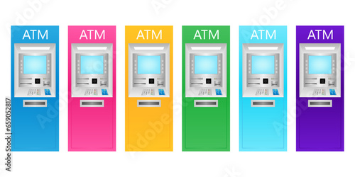 Set of ATM- Automated Teller Machine. ATM Machine. Vector Illustration Isolated on White Background. 