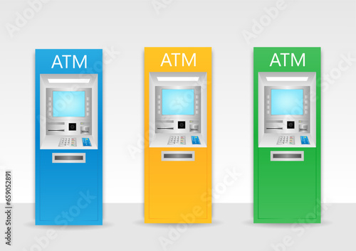ATM- Automated Teller Machine. ATM Machine standing near the Wall. Vector Illustration. 