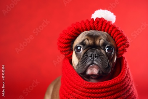 a pugh dog with christmas hat and a scarf in red background photo