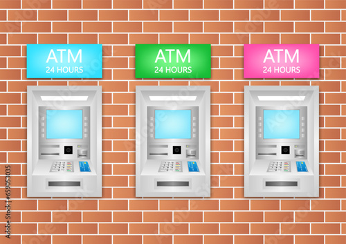 ATM - Automated Teller Machine on Wall. Vector Illustration. 