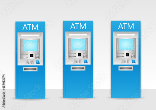 ATM- Automated Teller Machine. ATM Machine standing near the Wall. Vector Illustration. 