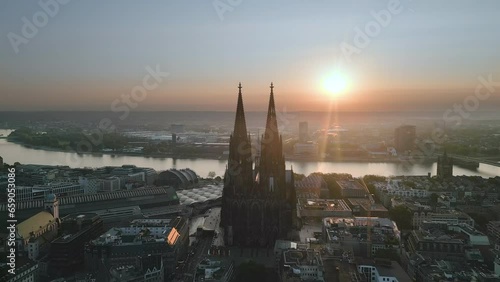 Cologne city skyline aerial view germany colognecathedral, cologne dom drone footage view at sunrise fly over cologne church. photo