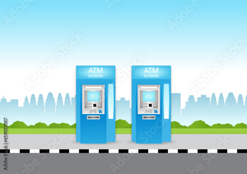 ATM- Automated Teller Machine. ATM Machine standing near the Street in the City. Vector Illustration. 
